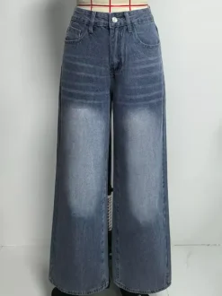 Heart Pocket Wide Leg Jeans For Women - Acid Wash Blue Y2K Baggy Straight Denim Pants - Spring Date Night Streetwear 2026