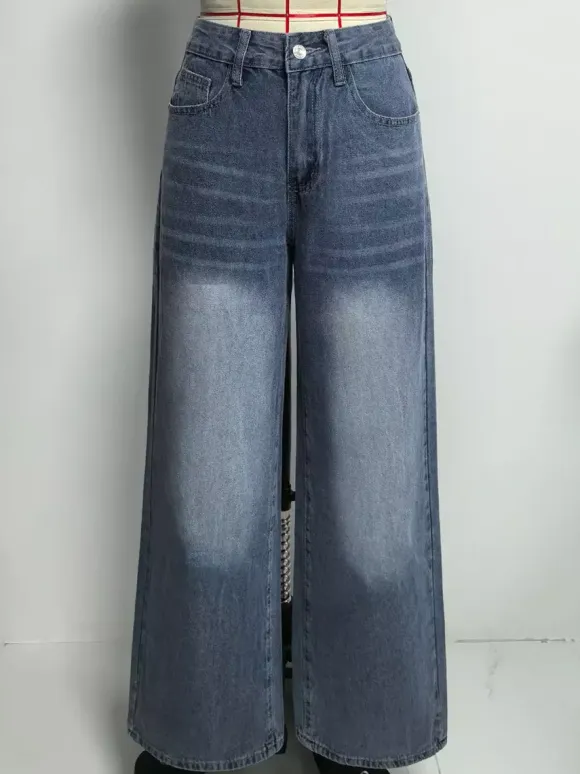 Heart Pocket Wide Leg Jeans For Women - Acid Wash Blue Y2K Baggy Straight Denim Pants - Spring Date Night Streetwear 2026