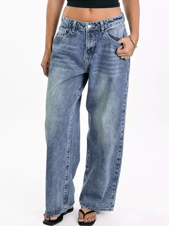 Heart Pocket Wide Leg Jeans For Women - Acid Wash Blue Y2K Baggy Straight Denim Pants - Spring Date Night Streetwear 2026