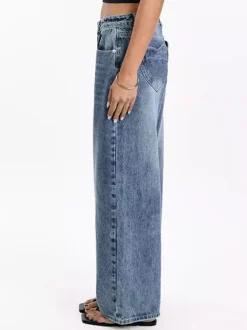 Heart Pocket Wide Leg Jeans For Women - Acid Wash Blue Y2K Baggy Straight Denim Pants - Spring Date Night Streetwear 2026