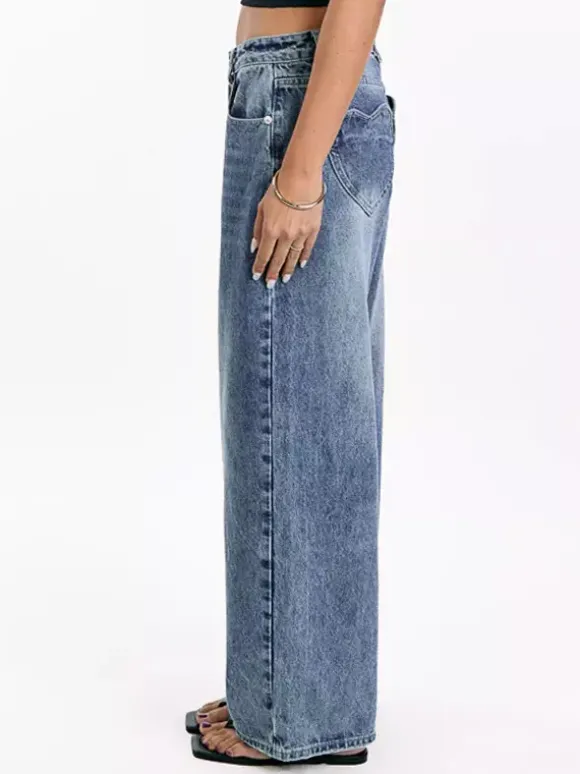 Heart Pocket Wide Leg Jeans For Women - Acid Wash Blue Y2K Baggy Straight Denim Pants - Spring Date Night Streetwear 2026