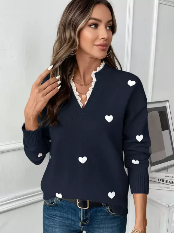 Heart Print V-Neck Sweater For Women 2026