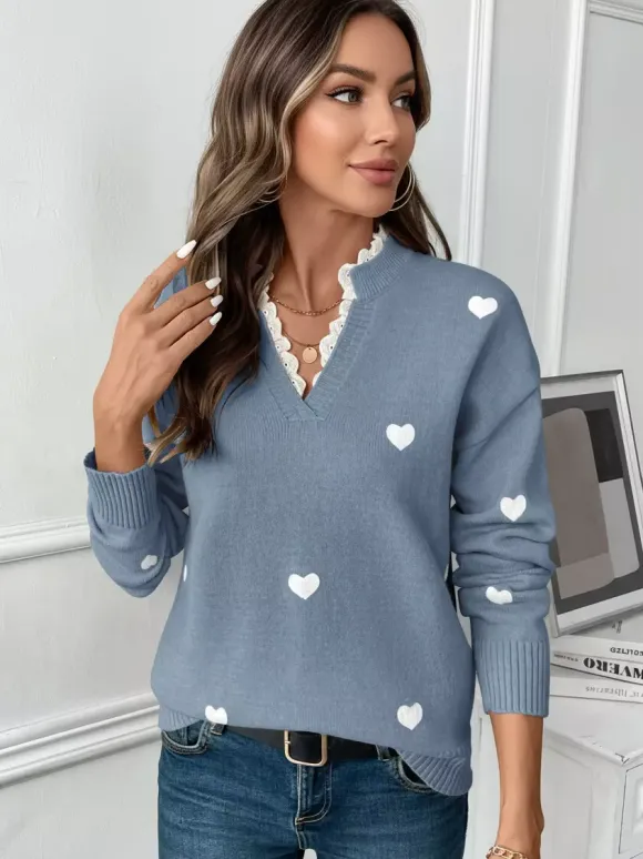 Heart Print V-Neck Sweater For Women 2026