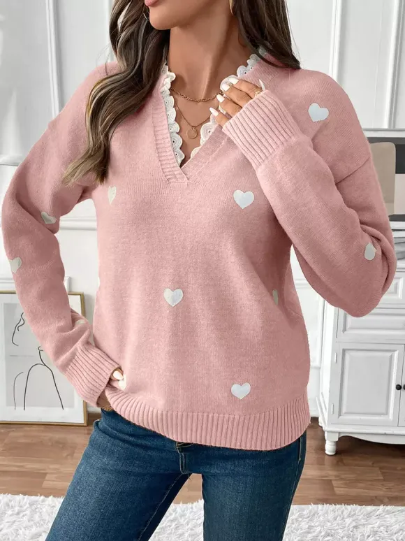 Heart Print V-Neck Sweater For Women 2026