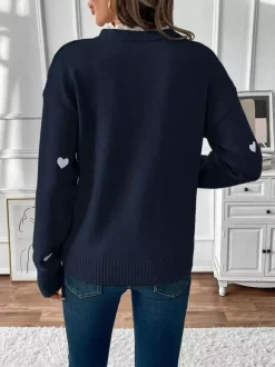 Heart Print V-Neck Sweater For Women 2026