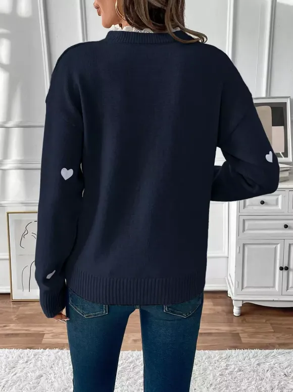 Heart Print V-Neck Sweater For Women 2026