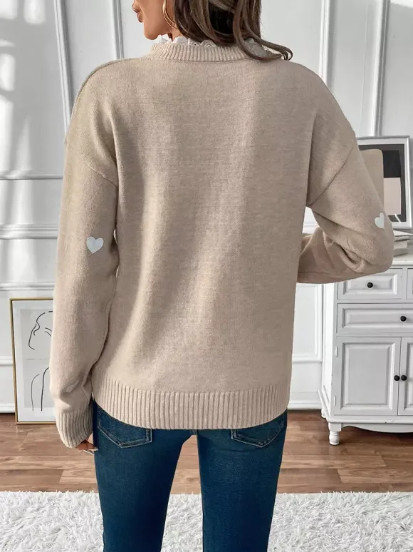 Heart Print V-Neck Sweater For Women 2026