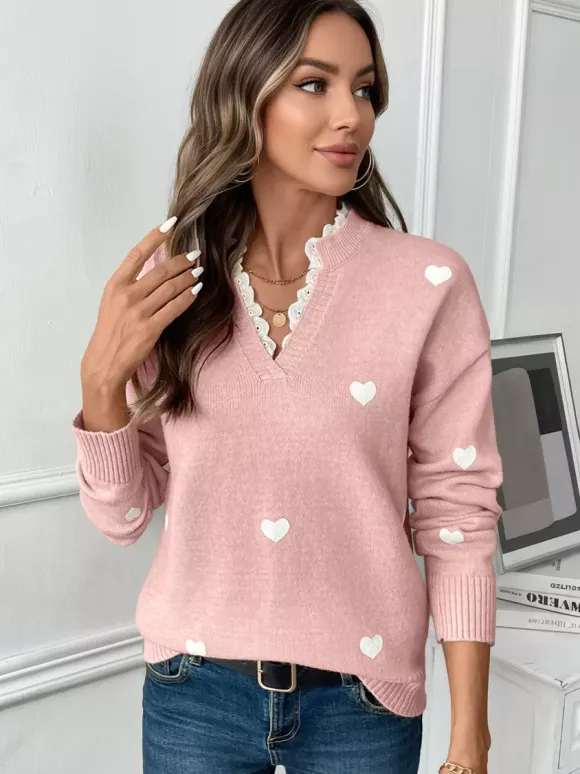 Heart Print V-Neck Sweater For Women 2026