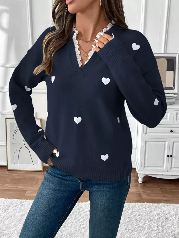 Heart Print V-Neck Sweater For Women 2026