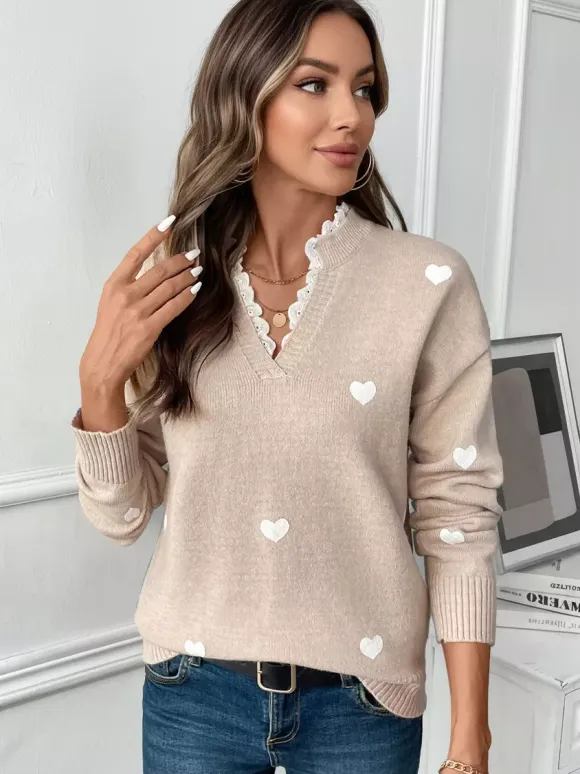 Heart Print V-Neck Sweater For Women 2026