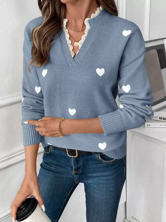 Heart Print V-Neck Sweater For Women 2026