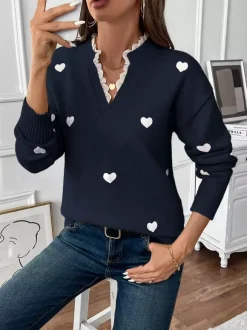 Heart Print V-Neck Sweater For Women 2026