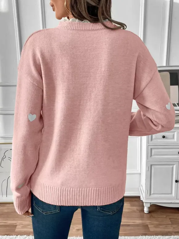 Heart Print V-Neck Sweater For Women 2026