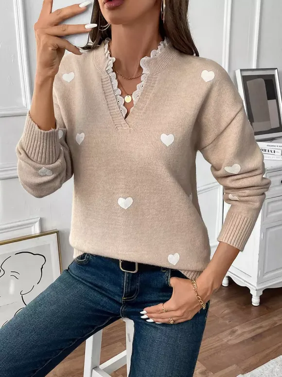 Heart Print V-Neck Sweater For Women 2026