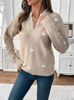 Heart Print V-Neck Sweater For Women 2026