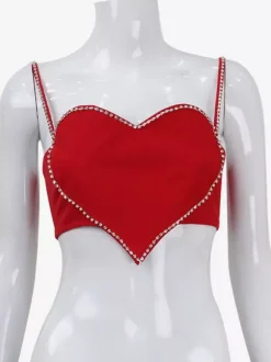 Heart Shaped Crop Top For Women - Red Rhinestone Y2K Aesthetic Cami - Summer Music Festival Club 2026