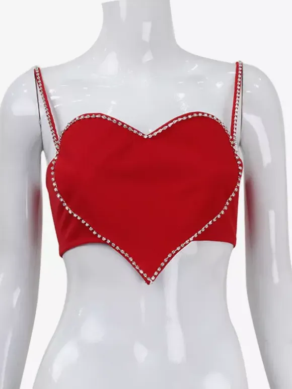 Heart Shaped Crop Top For Women - Red Rhinestone Y2K Aesthetic Cami - Summer Music Festival Club 2026