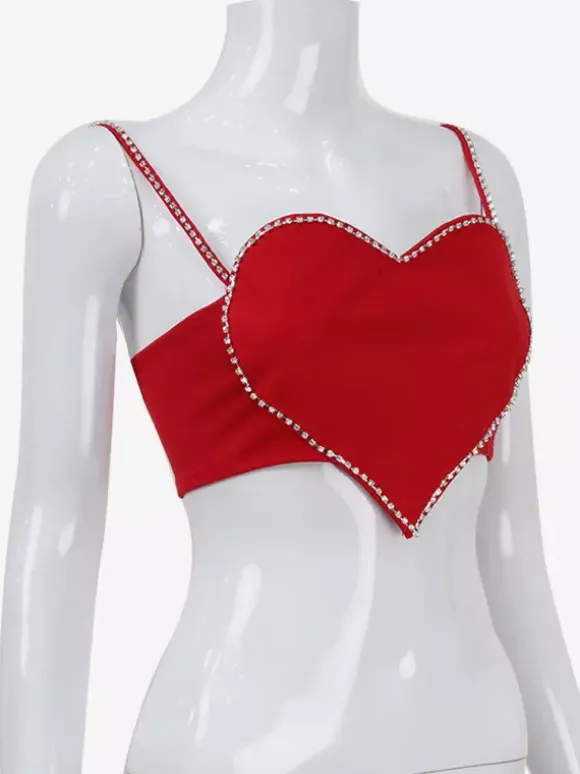 Heart Shaped Crop Top For Women - Red Rhinestone Y2K Aesthetic Cami - Summer Music Festival Club 2026
