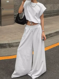 Heather Gray Oversized Cut Off Sleeve Top Elastic Waist Wide Leg Pant Lounge Set