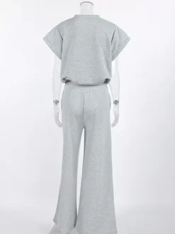 Heather Gray Oversized Cut Off Sleeve Top Elastic Waist Wide Leg Pant Lounge Set