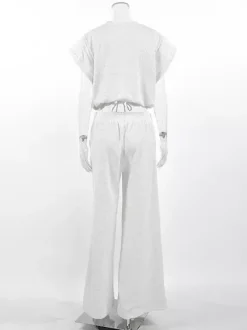 Heather Gray Oversized Cut Off Sleeve Top Elastic Waist Wide Leg Pant Lounge Set