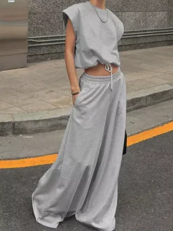 Heather Gray Oversized Cut Off Sleeve Top Elastic Waist Wide Leg Pant Lounge Set