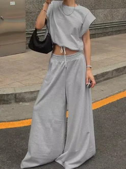 Heather Gray Oversized Cut Off Sleeve Top Elastic Waist Wide Leg Pant Lounge Set