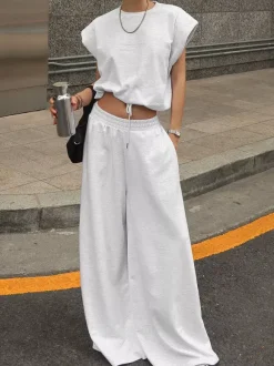Heather Gray Oversized Cut Off Sleeve Top Elastic Waist Wide Leg Pant Lounge Set