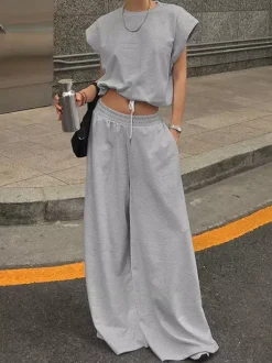 Heather Gray Oversized Cut Off Sleeve Top Elastic Waist Wide Leg Pant Lounge Set