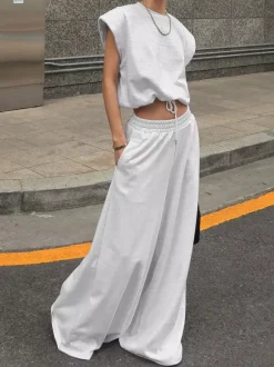 Heather Gray Oversized Cut Off Sleeve Top Elastic Waist Wide Leg Pant Lounge Set
