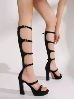 High Heel Gladiator Sandals Black Open Toe Buckle Detail Sandal Shoes