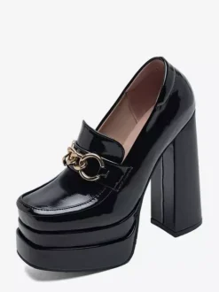 High Heel Loafers Platform Square Toe Chain Detain Chunky Heel Pumps