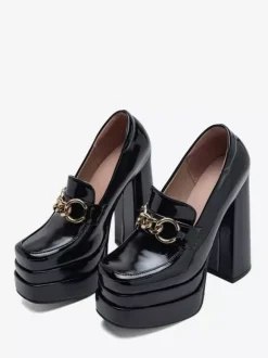 High Heel Loafers Platform Square Toe Chain Detain Chunky Heel Pumps