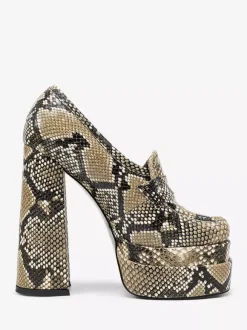 High Heel Loafers Snake Pattern Platform Round Toe Chunky Heel Pumps