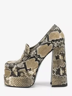 High Heel Loafers Snake Pattern Platform Round Toe Chunky Heel Pumps