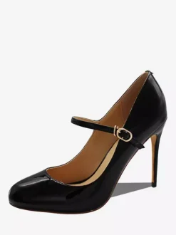 High Heel Mary Jane Shoes Black Buckle Round Toe Stiletto Heel Pumps
