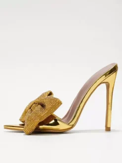 High Heel Mules Rhinestones Bow Open Toe Backless Stiletto Heel Pumps