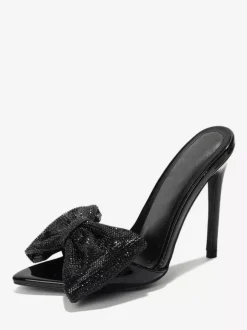 High Heel Mules Rhinestones Bow Open Toe Backless Stiletto Heel Pumps