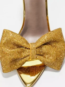 High Heel Mules Rhinestones Bow Open Toe Backless Stiletto Heel Pumps