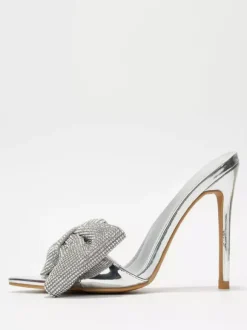 High Heel Mules Rhinestones Bow Open Toe Backless Stiletto Heel Pumps
