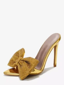 High Heel Mules Rhinestones Bow Open Toe Backless Stiletto Heel Pumps
