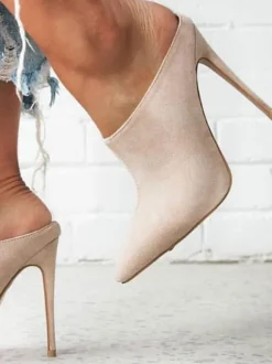 High Heel Mules Suede Pointed Toe Slip On Slide Shoes