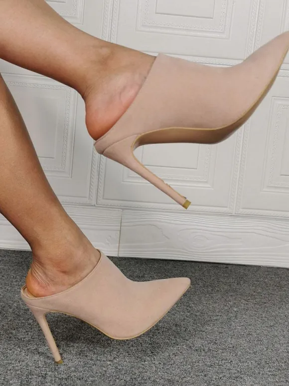 High Heel Mules Suede Pointed Toe Slip On Slide Shoes