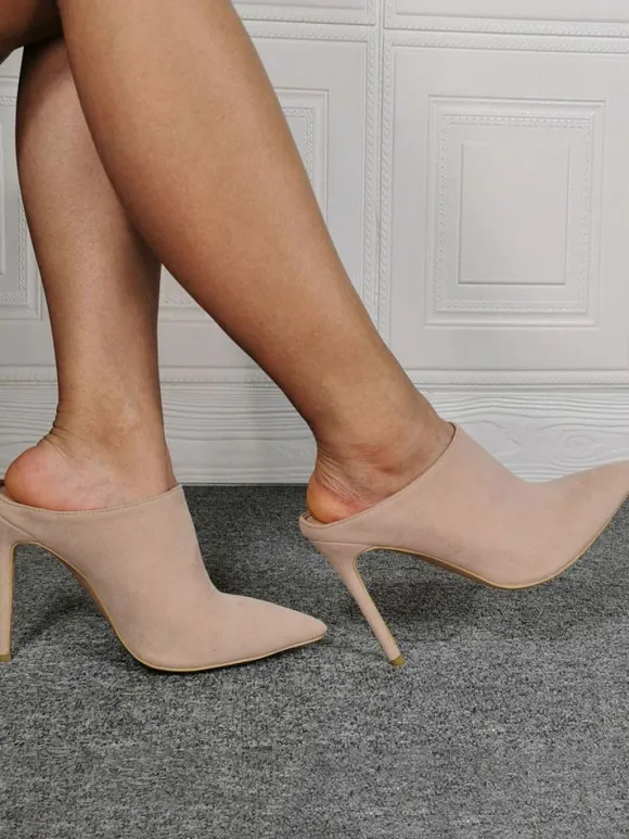 High Heel Mules Suede Pointed Toe Slip On Slide Shoes