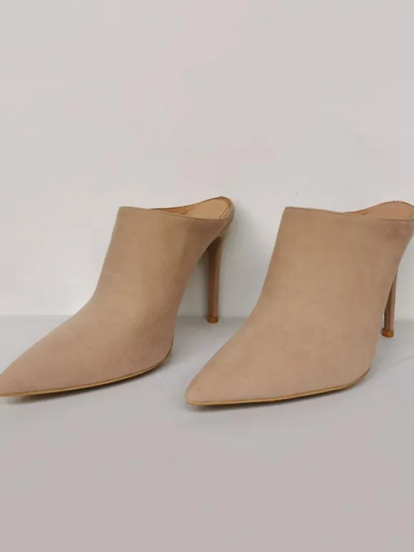 High Heel Mules Suede Pointed Toe Slip On Slide Shoes