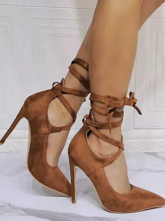 High Heel Party Shoes Coffee Brown Pointed Toe Stiletto Heel Lace Up Evening Shoes
