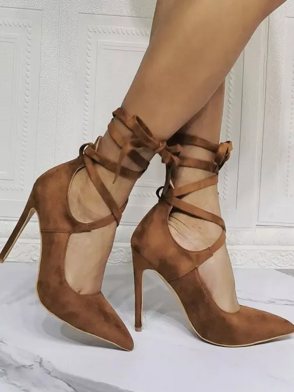 High Heel Party Shoes Coffee Brown Pointed Toe Stiletto Heel Lace Up Evening Shoes