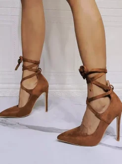 High Heel Party Shoes Coffee Brown Pointed Toe Stiletto Heel Lace Up Evening Shoes