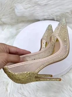 High Heel Party Shoes Mesh Rhinestones Pointed Toe Stiletto Heel Wedding Shoes