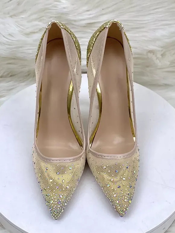 High Heel Party Shoes Mesh Rhinestones Pointed Toe Stiletto Heel Wedding Shoes